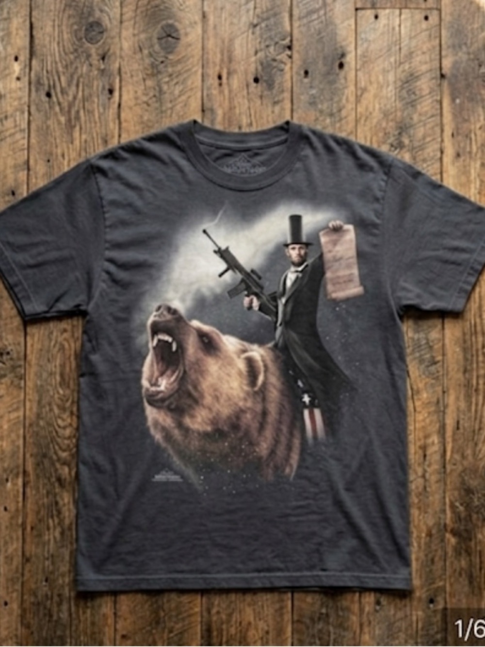 The Mountain Black Graphic Tee with Bear and Historical Figure